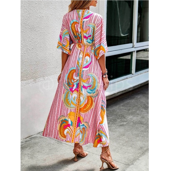 Multicolored Kimono Style Dress Drawstring Pink Maxi Long Batwing Sleeve - Picture 2 of 6